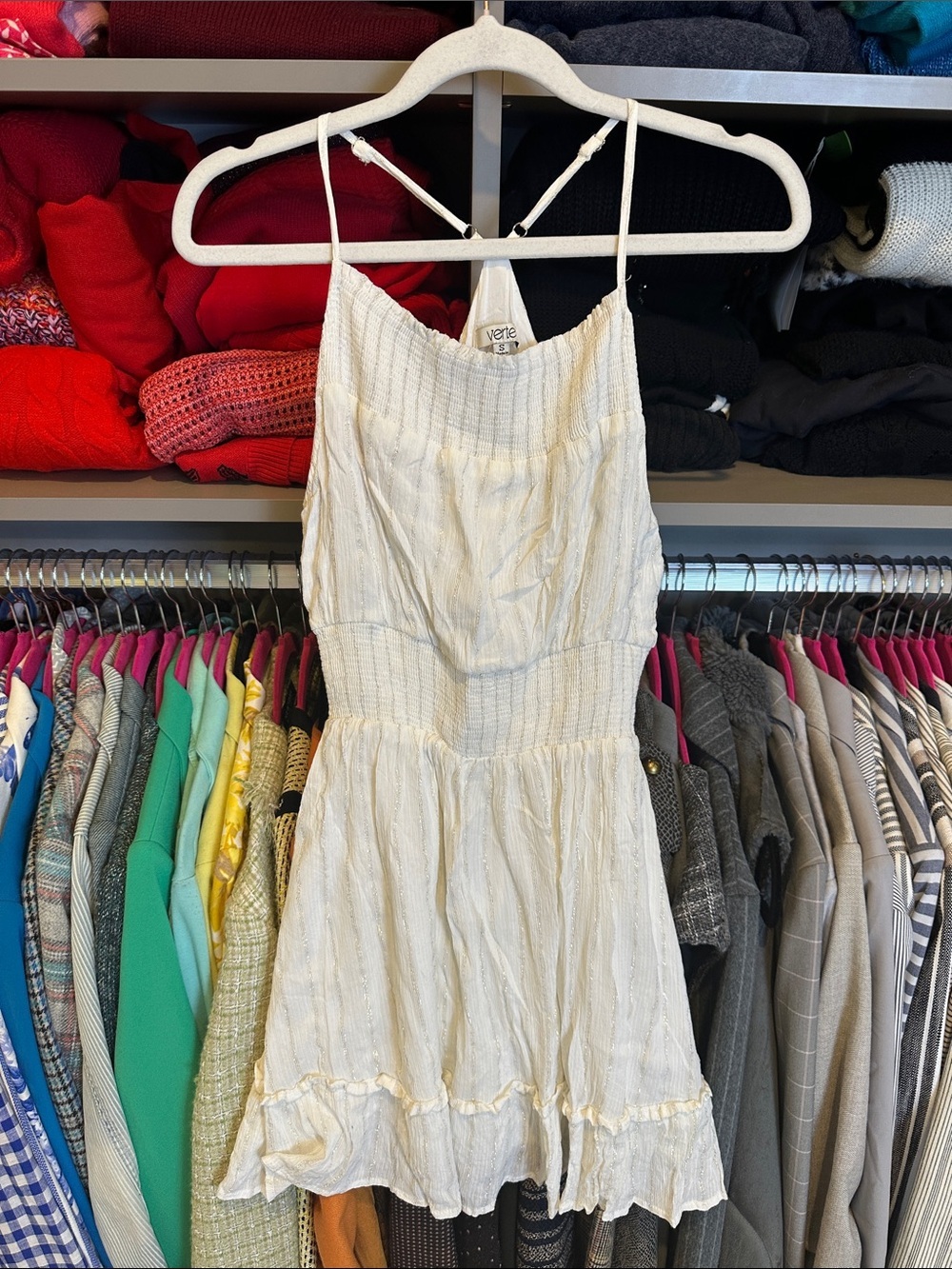 Verte white/silver metallic striped racer back adjustable strap dress size S
